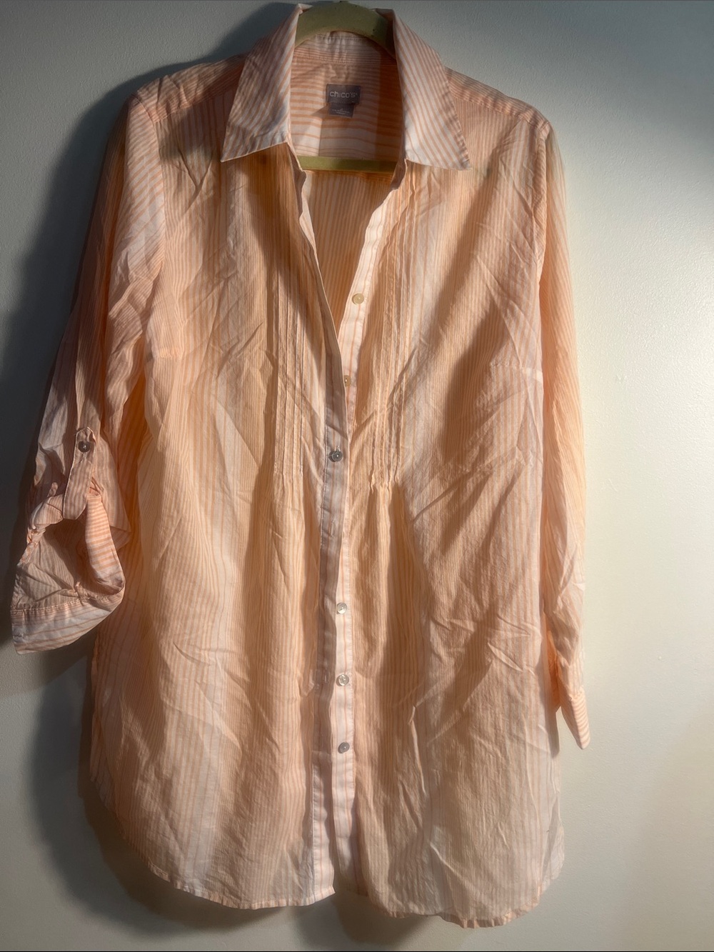 Chico's Peach and White Striped Button-Down Shirt